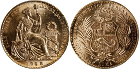 PERU. 100 Soles, 1965-LIMA. Lima Mint. PCGS MS-64.
Fr-78; KM-231. AGW: 1.3544 oz. This impressive gold piece delivers full brilliance and crisp detai...