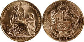 PERU. 100 Soles, 1969-LIMA. Lima Mint. PCGS MS-65.
Fr-78; KM-231. AGW: 1.3544 oz. A true Gem, this stunning large gold piece displays incredible cart...