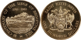 SAINT KITTS & NEVIS. 100 Dollars, 1982. London Mint. PCGS MS-68.
Fr-1; KM-5. Mintage: 250. AGW: 0.2356 oz. Commemorating the bicentenary of the Siege...