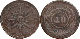 URUGUAY. 40 Centesimos, 1844. Montevideo Mint. PCGS EF-40.
KM-3; Antunez-6.3.2. Coin alignment/"male" sunface. Apart from minor die and planchet impe...
