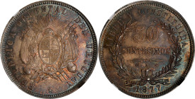 URUGUAY. 50 Centesimos, 1877-A. Paris Mint. NGC MS-65.
KM-16. A lovely well-struck gem offering deep cobalt and russet toning on lustrous surfaces. A...