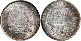 URUGUAY. 20 Centesimos, 1877-A. Paris Mint. PCGS MS-64.
KM-15. A lustrous and alluring near-Gem minor, generously detailed and lightly toned with oli...