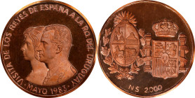 URUGUAY. Copper 2000 Nuevos Pesos Piefort Pattern, 1983. PCGS SPECIMEN-65 Red.
KMX-P2. Struck to commemorate the visit of the King of Spain to Urugua...