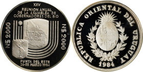 URUGUAY. Silver 2000 Pesos Piefort Pattern, 1984. PCGS SPECIMEN-68.
KM-P10. Weight: 50.29 gms. A thick, hefty Piefort issuance that exhibits surface ...