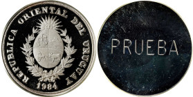 URUGUAY. Silver 2000 Pesos Pattern, 1984. PCGS SPECIMEN-67.
KM-TS17. Glimmering surfaces demonstrate a delightful satin contrast on the obverse and a...