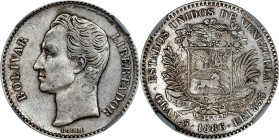 VENEZUELA. Bolivar, 1886. Caracas Mint. NGC EF Details--Surface Hairlines.
KM-Y-22. Wide Date variety. Evidently the victim of some prior cleaning, b...