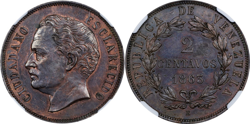 VENEZUELA. Copper 2 Centavos Essai (Pattern), 1863-E. Paris Mint. NGC PROOF-61 B...