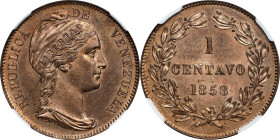 VENEZUELA. Centavo, 1858-HEATON. Heaton Mint. NGC SPECIMEN-65 Red Brown.
KM-Y-7. "LIBERTAD" incuse variety. Perfectly struck with reflective fields t...