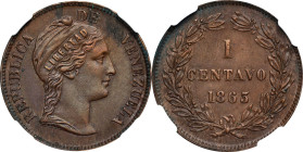 VENEZUELA. Centavo, 1863-HEATON. Heaton Mint. NGC AU-58.
KM-Y-7. A relatively SCARCE issue on the cusp of Mint State.

Estimate: $60.00- $100.00