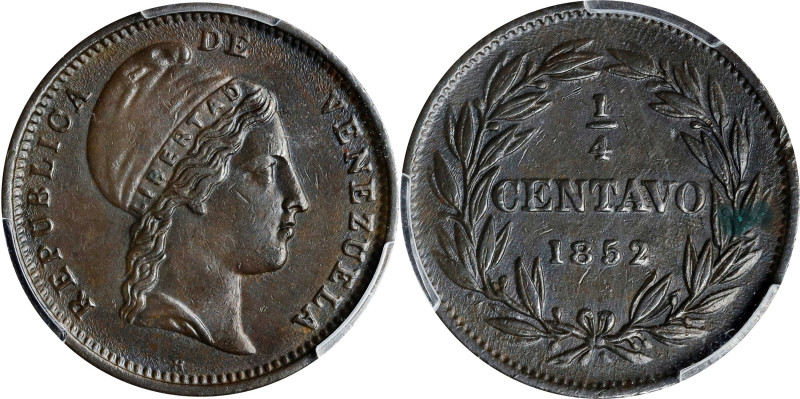 VENEZUELA. 1/4 Centavo, 1852-H. Birmingham (Heaton) Mint. PCGS Genuine--Environm...