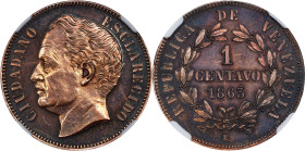 VENEZUELA. Copper Centavo Essai (Pattern), 1863-E. Paris Mint. NGC SPECIMEN Details--Cleaned.
KM-E1; Stohr-E21. Plain edge variety. Despite the noted...