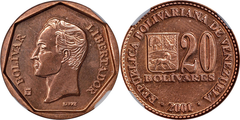 VENEZUELA. Off Metal Strike -- Struck in Copper -- 20 Bolivares, 2001. Maracay M...
