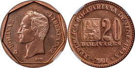 VENEZUELA. Off Metal Strike -- Struck in Copper -- 20 Bolivares, 2001. Maracay Mint. NGC MS-67 Red.
cf KM-Y-81 (for regular composition). An interest...