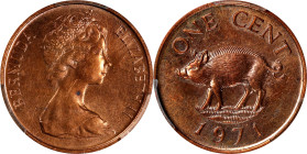 BERMUDA. Cent, 1971. London or Llantrisant Mint. Elizabeth II. PCGS SPECIMEN-63 Red Brown.
KM-15. A delightful little commemorative piece borrowing i...