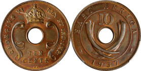 EAST AFRICA. 10 Cents, 1937-KN. Birmingham (Kings Norton) Mint. George VI. PCGS SPECIMEN-64 Red Brown.
KM-26.1. Bountiful flaxen gold clings to the d...