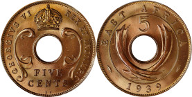 EAST AFRICA. 5 Cents, 1939-KN. Birmingham (Kings Norton) Mint. George VI. PCGS SPECIMEN-66 Brown.
KM-25.1. A satiny mattelike Gem with heavy underlyi...