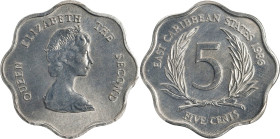 EAST CARIBBEAN STATES. 5 Cents, 1986. Llantrisant Mint. Elizabeth II. PCGS SPECIMEN-66.
KM-12. Delightful surfaces alter between satin and brilliance...