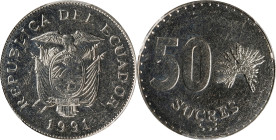 ECUADOR. 50 Sucres, 1991. Fort Saskatchewan (Sherritt) Mint. PCGS SPECIMEN-64.
KM-93. Variety with wide date and narrow edge. Argent brilliance unifo...
