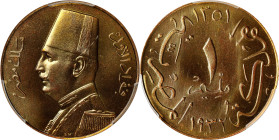 EGYPT. Millieme, AH 1351/1932-H. Birmingham (Heaton) Mint. Fuad I. PCGS SPECIMEN-67 Red Brown.
KM-344. Coated in delightful rich gold patina, surface...