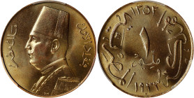 EGYPT. Mil, AH 1352/1933-H. Birmingham (Heaton) Mint. Fuad I. PCGS SPECIMEN-66 Red Brown.
KM-344. Thick, rich brassy color blazes with immense rotati...