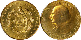 GUATEMALA. Centavo, 1957. Birmingham (Kings Norton) Mint. PCGS SPECIMEN-64.
KM-259. Blonde gold surfaces remain relatively unadulterated from tone, w...