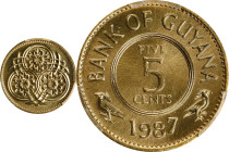 GUYANA. 5 Cents, 1987. Llantrisant Mint. PCGS SPECIMEN-66.
KM-32. Pale gold brilliance nicely stretches across the obverse motif, catching the light ...