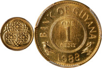 GUYANA. Cent, 1988. Llantrisant Mint. PCGS SPECIMEN-64.
KM-31. Deep amber gold surfaces are readily appealing from all angles while a hint of patina ...