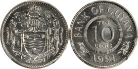 GUYANA. 10 Cents, 1991. Llantrisant Mint. PCGS SPECIMEN-69.
KM-33. Impeccably clean surfaces display pale white luster and nary a microscopic imperfe...