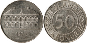 ICELAND. 50 Kronur, 1971. Llantrisant Mint. PCGS SPECIMEN-64.
KM-19. Satisfying copper-nickel surfaces display uniform satin luster and very little i...