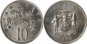 JAMAICA. 10 Cents, 1986. Llantrisant Mint. PCGS SPECIMEN-67.
KM-47. Intense satiny luster is propagated by surfaces struck with intensely hand polish...