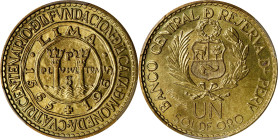 PERU. Sol, 1965. London Mint. PCGS SPECIMEN-67.
KM-240. Commemorating the 400th anniversary of the Lima Mint. Rich brassy surfaces exhibit remarkable...