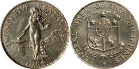PHILIPPINES. Mint Error -- Rotated Dies -- 25 Centavos, 1964. London Mint. PCGS SPECIMEN-65.
KM-189.1. Reverse die rotated 80 degrees CW. A delightfu...