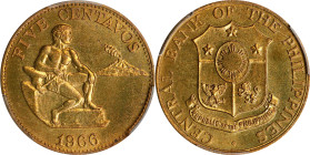 PHILIPPINES. 5 Centavos, 1966. London Mint. PCGS SPECIMEN-64.
KM-187. Demonstrating a robust brassy gold color, this 5 Centavos provides phenomenal s...