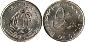 QATAR. 50 Dirhams, AH 1407/1987. Llantrisant Mint. PCGS SPECIMEN-66.
KM-5. Rich brilliance stretching across both obverse and reverse is likely the r...
