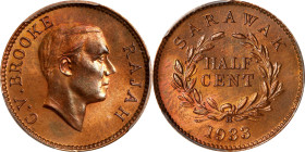 SARAWAK. 1/2 Cent, 1933-H. Birmingham (Heaton) Mint. Charles V. Brooke. PCGS SPECIMEN-64 Red Brown.
KM-20. Ample copper-orange mint color is seen thr...