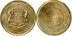 SOMALIA. 5 Centesimi, 1967. London Mint. PCGS SPECIMEN-64.
KM-6. Deep brassy surfaces are decorated by russet and rich violet overtone on both faces....