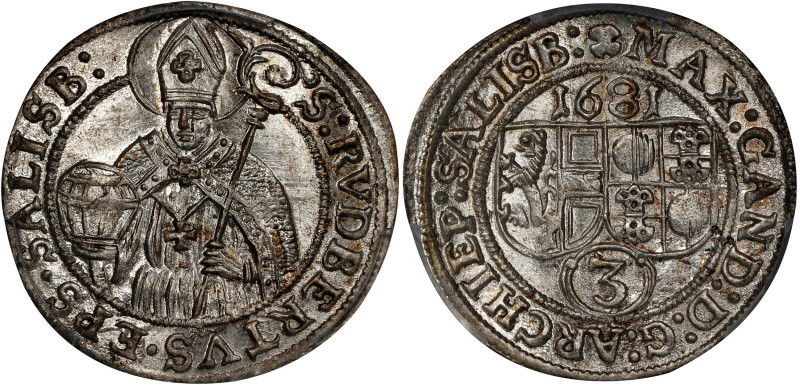 AUSTRIA. Salzburg. 3 Kreuzer, 1681. Maximilian Gandolph. PCGS MS-65.
KM-228. A ...