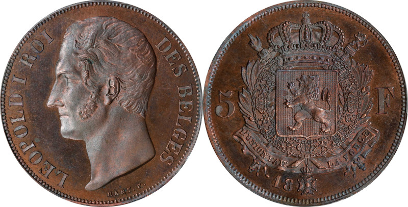 BELGIUM. Copper 5 Francs Essai (Pattern), 18(47). Brussels Mint. Leopold I. PCGS...