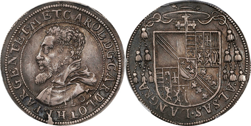 FRANCE. Alsace. Teston, 1605. Charles II. PCGS AU-55.
KM-Unlisted; EL-254. This...