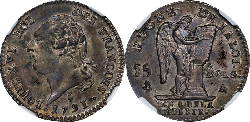 FRANCE. 15 Sols, 1791-A. Paris Mint. Louis XVI. NGC MS-63.
KM-604.1; Gad-36. An...