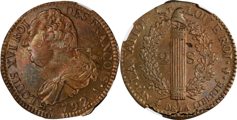 FRANCE. 2 Sols (24 Deniers), 1792-A Year 4. Paris Mint. Louis XVI (in name only)...