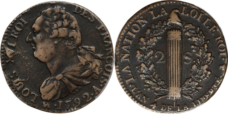 FRANCE. National Convention. 2 Sols (24 Deniers), 1792-A. Paris Mint. Louis XVI ...