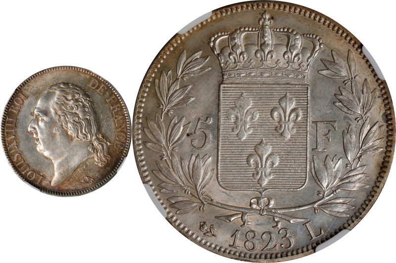 FRANCE. 5 Francs, 1823-L. Bayonne Mint. Louis XVIII. NGC MS-64.
KM-711.8; Gad-6...