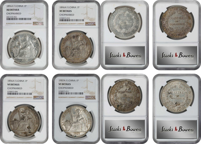 FRENCH INDO-CHINA. Octet of Chopmarked Piastres (8 Pieces), 1895-1908. Paris Min...