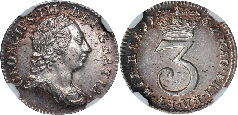 GREAT BRITAIN. 3 Pence, 1762. London Mint. George III. NGC AU-58.
S-3753; KM-59...