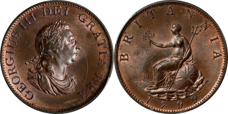 GREAT BRITAIN. 1/2 Penny, 1799. Birmingham (Soho) Mint. George III. PCGS MS-65 B...