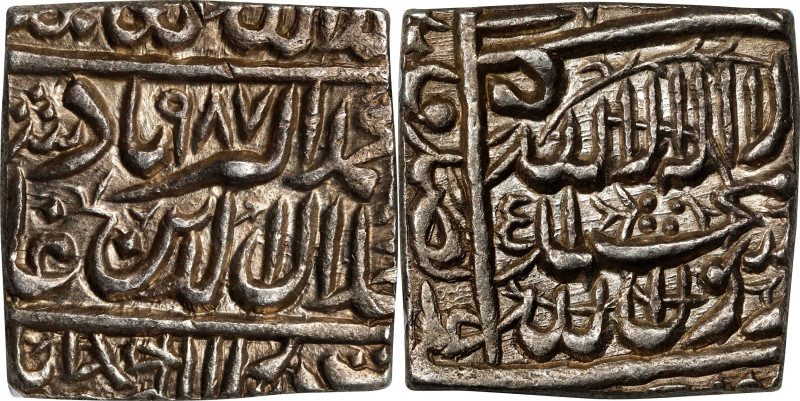 INDIA. Mughal Empire. Square Rupee, AH 987 (1579). Ahmadabad Mint. Akbar. PCGS M...