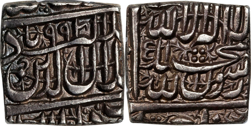 INDIA. Mughal Empire. Square Rupee, AH 992 (1584). Ahmadabad Mint. Akbar. PCGS A...