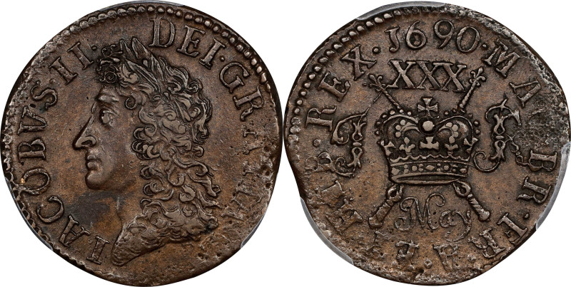 IRELAND. Gun Money 1/2 Crown, 1690 (May). Dublin Mint. James II. PCGS AU-58.
S-...