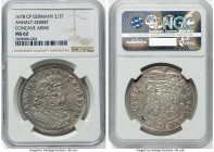 Anhalt-Zerbst. Carl Wilhelm 2/3 Taler 1678-CP MS62 NGC, KM19.6, Dav-202. Concave arms variety. A flashy offering punctuated by fine centering and a cr...